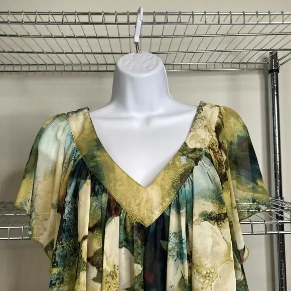 Sunny Leigh Women's Green Yellow Watercolors Blouse Size L Boho Art To Wear - Picture 7 of 13